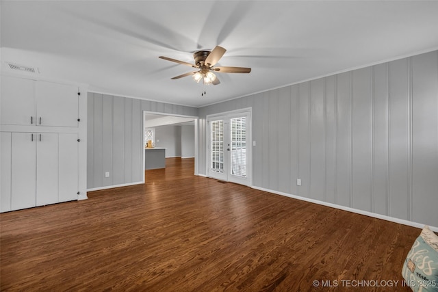 507 W Quincy St, Broken Arrow, OK 74012 - unfurnished living room with ceiling fan, dark wood-style floors, crown molding, and baseboards