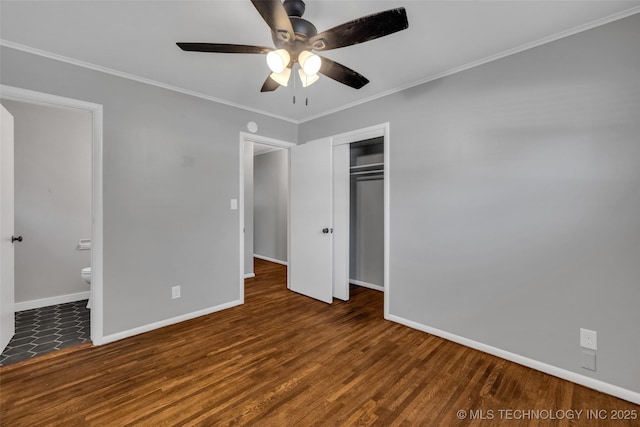 507 W Quincy St, Broken Arrow, OK 74012 - unfurnished bedroom with wood finished floors, baseboards, crown molding, a closet, and ceiling fan