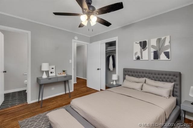 507 W Quincy St, Broken Arrow, OK 74012 - bedroom with wood finished floors, a closet, crown molding, ceiling fan, and connected bathroom