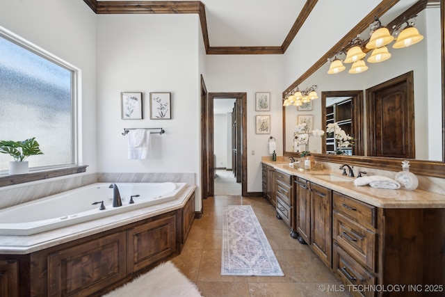 10626 S Joplin Ave, Tulsa, OK 74137 - bathroom featuring double vanity, crown molding, a bath, and tile patterned floors