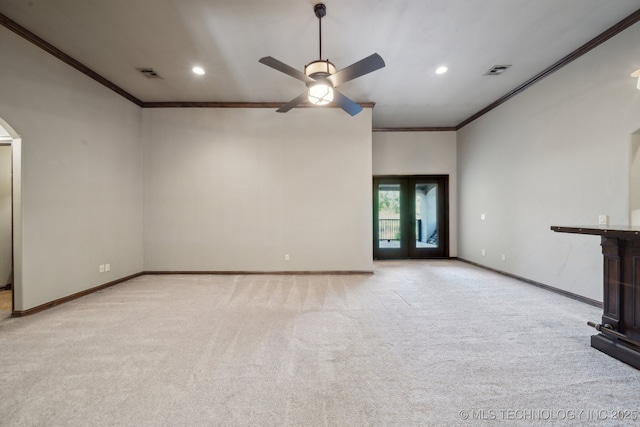 10626 S Joplin Ave, Tulsa, OK 74137 - unfurnished living room with crown molding, light carpet, a ceiling fan, recessed lighting, and baseboards