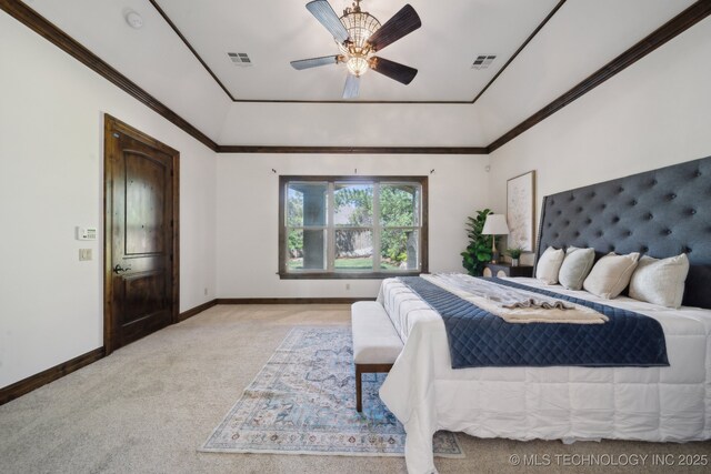10626 S Joplin Ave, Tulsa, OK 74137 - bedroom with light carpet, baseboards, a tray ceiling, crown molding, and a ceiling fan