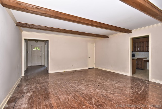 6903 E 63rd St, Tulsa, OK 74133 - unfurnished living room with beamed ceiling, baseboards, and crown molding