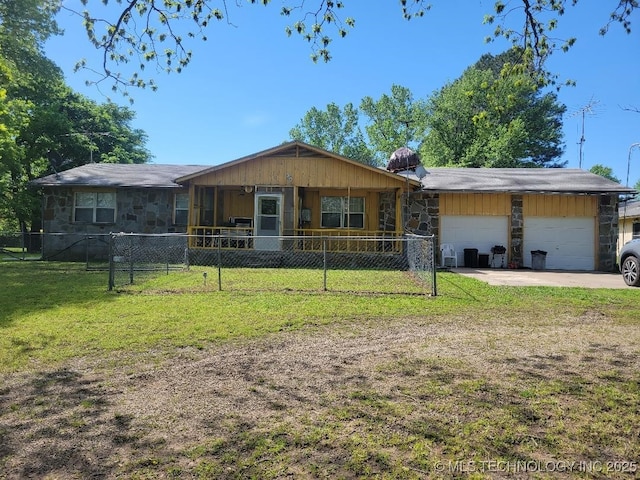 single story home featuring fence, a front lawn, driveway, stone siding, and a garage