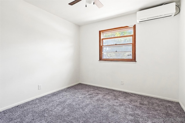 carpeted spare room with an AC wall unit, baseboards, and ceiling fan