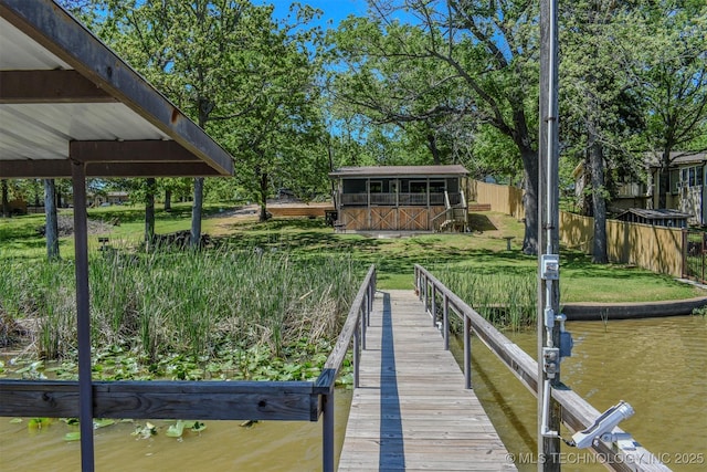dock area featuring a yard and a water view