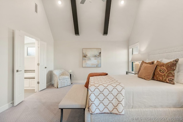 carpeted bedroom with high vaulted ceiling, baseboards, ensuite bath, visible vents, and recessed lighting