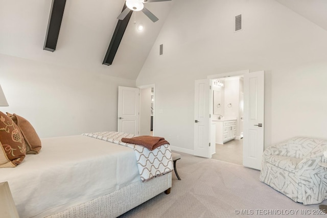 bedroom with high vaulted ceiling, baseboards, visible vents, and light colored carpet