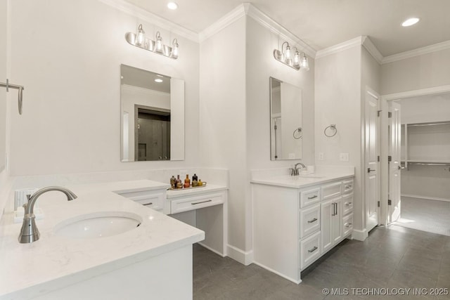 bathroom with two vanities, crown molding, a sink, and recessed lighting
