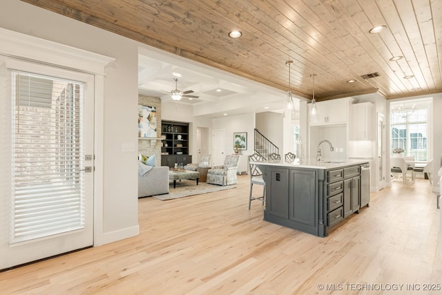 kitchen featuring light wood-type flooring, a sink, and wood ceiling