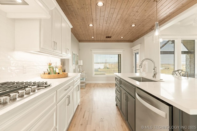 kitchen with a sink, wood ceiling, white cabinets, appliances with stainless steel finishes, and recessed lighting