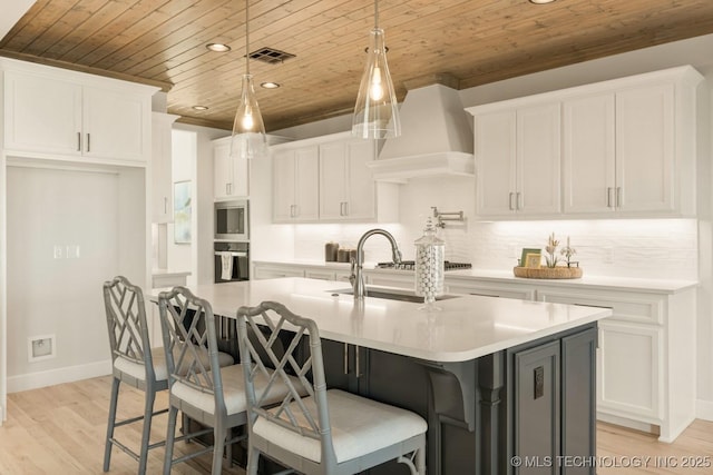 kitchen featuring backsplash, visible vents, wooden ceiling, and white cabinetry