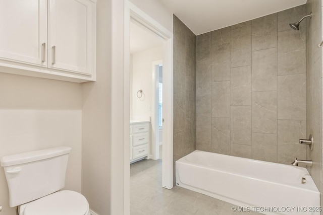 bathroom featuring toilet, shower / bathtub combination, tile patterned flooring, and baseboards