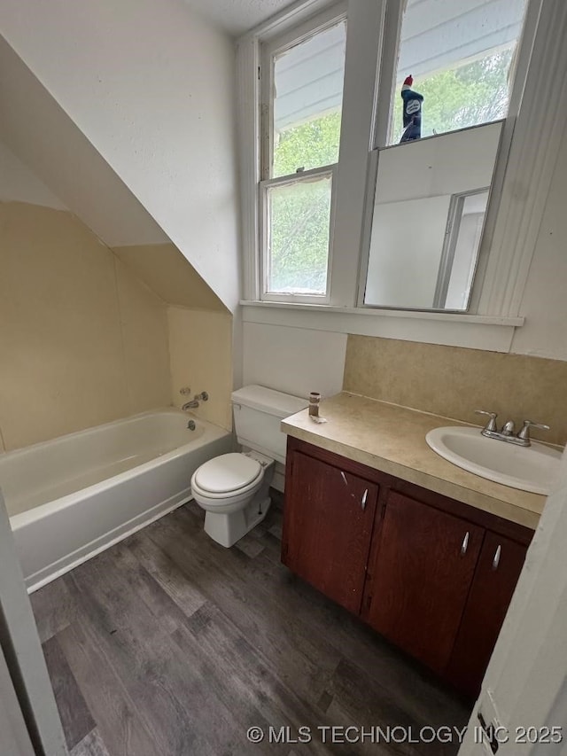 bathroom with wood finished floors, toilet, and vanity