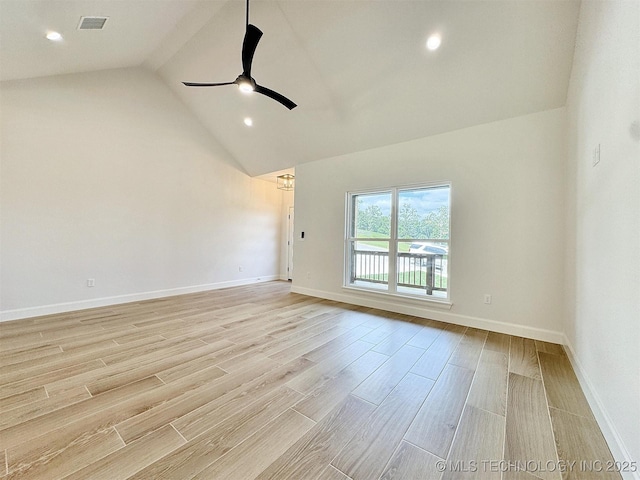 574 Woodlands Dr, Tahlequah, OK 74464 - unfurnished room featuring light wood-style flooring, ceiling fan, baseboards, high vaulted ceiling, and recessed lighting