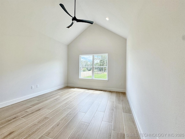 574 Woodlands Dr, Tahlequah, OK 74464 - unfurnished room featuring a ceiling fan, light wood finished floors, lofted ceiling, baseboards, and recessed lighting