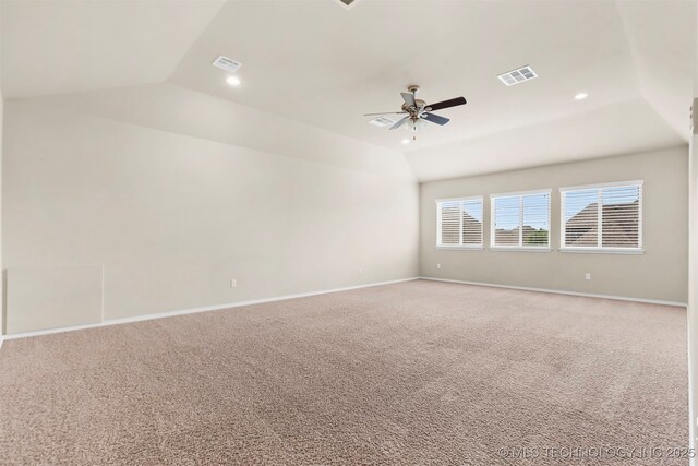 7056 E 124th St S, Bixby, OK 74008 - unfurnished room featuring vaulted ceiling, a ceiling fan, light colored carpet, baseboards, and recessed lighting