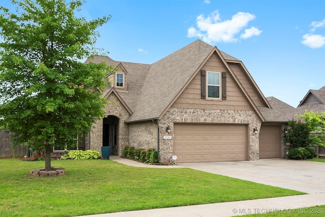 7056 E 124th St S, Bixby, OK 74008 - view of front of home with concrete driveway, a shingled roof, a garage, stone siding, and brick siding