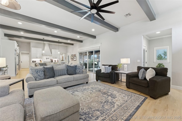 19340 E Canyon Ridge Rd, Owasso, OK 74055 - living room with recessed lighting, visible vents, beamed ceiling, light wood-style floors, and ceiling fan