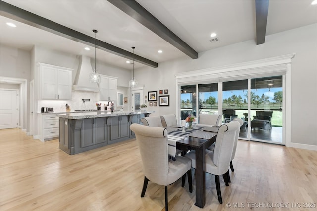 19340 E Canyon Ridge Rd, Owasso, OK 74055 - dining space featuring light wood-style flooring, baseboards, beam ceiling, visible vents, and recessed lighting