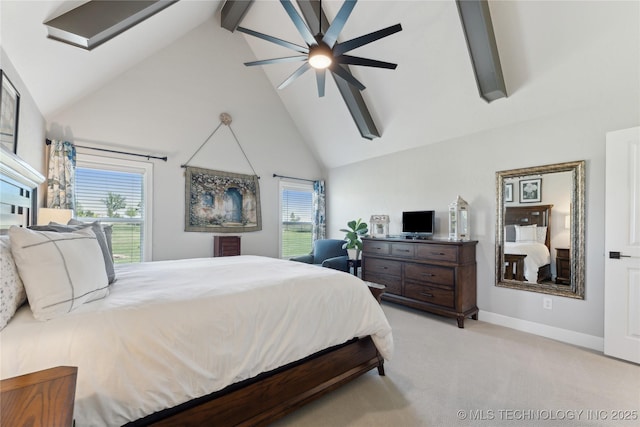 19340 E Canyon Ridge Rd, Owasso, OK 74055 - bedroom with light carpet, baseboards, multiple windows, beamed ceiling, and high vaulted ceiling