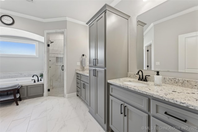 19340 E Canyon Ridge Rd, Owasso, OK 74055 - full bath with a garden tub, crown molding, a stall shower, vanity, and marble finish floor