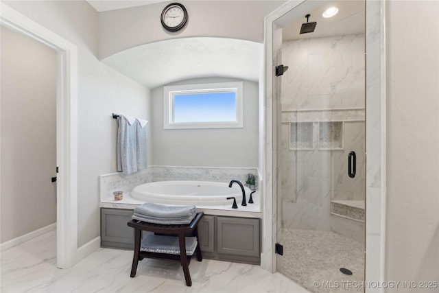 19340 E Canyon Ridge Rd, Owasso, OK 74055 - full bath with a bath, marble finish floor, baseboards, and a marble finish shower