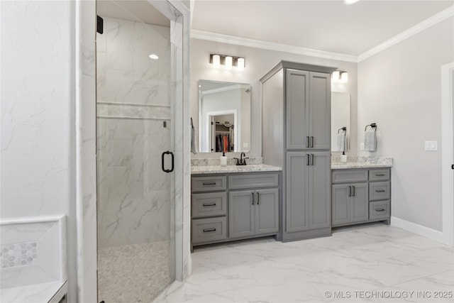 19340 E Canyon Ridge Rd, Owasso, OK 74055 - full bathroom featuring marble finish floor, crown molding, vanity, and a marble finish shower