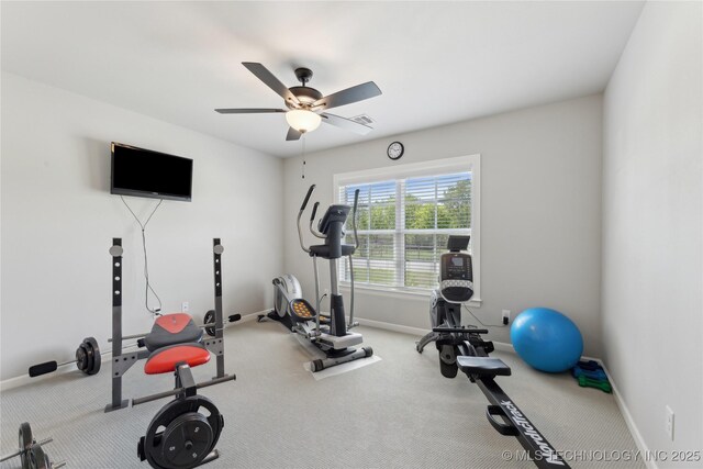 19340 E Canyon Ridge Rd, Owasso, OK 74055 - exercise room featuring ceiling fan, baseboards, and carpet