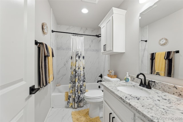 19340 E Canyon Ridge Rd, Owasso, OK 74055 - full bath featuring recessed lighting, marble finish floor, toilet, vanity, and shower / bath combo with shower curtain