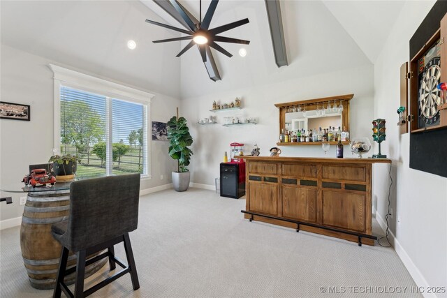 19340 E Canyon Ridge Rd, Owasso, OK 74055 - office area with baseboards, vaulted ceiling, a ceiling fan, and light carpet