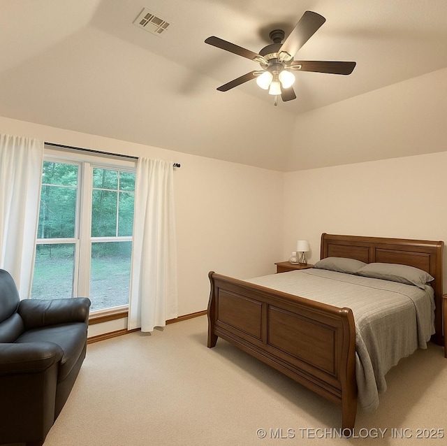 3701 Bridgeport Rd, Norman, OK 73072 - bedroom featuring lofted ceiling, light carpet, and ceiling fan
