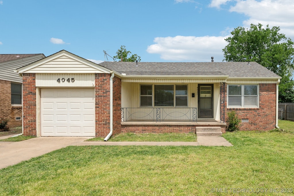 ranch-style house with a front yard, covered porch, brick siding, concrete driveway, and an attached garage