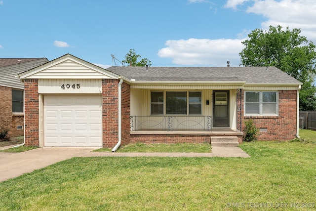 ranch-style house with a front yard, covered porch, brick siding, concrete driveway, and an attached garage