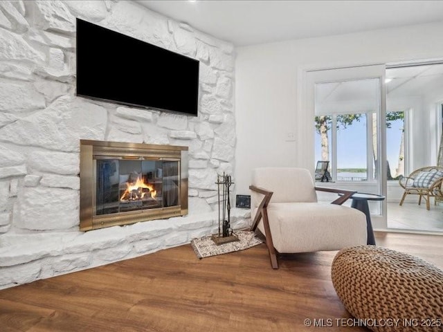 living room featuring wood finished floors and a stone fireplace