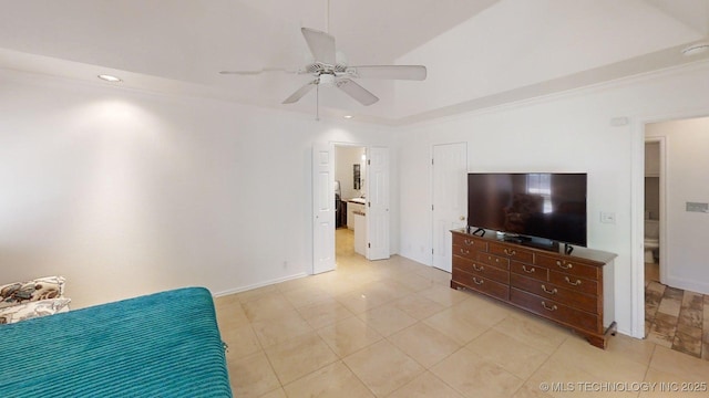 bedroom featuring light tile patterned floors, baseboards, ceiling fan, and recessed lighting