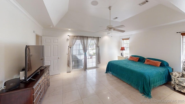 bedroom featuring light tile patterned floors, crown molding, and visible vents
