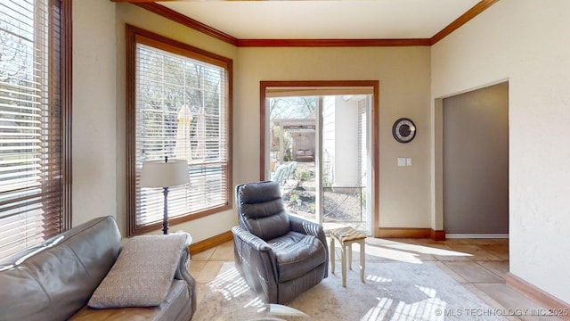 living area with baseboards and ornamental molding