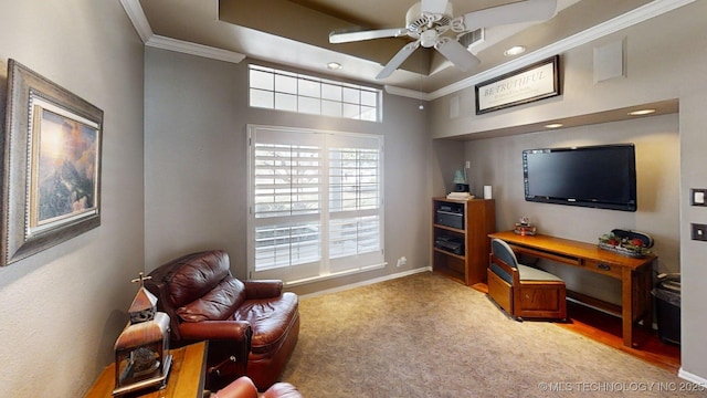 office area featuring crown molding, carpet floors, baseboards, ceiling fan, and recessed lighting