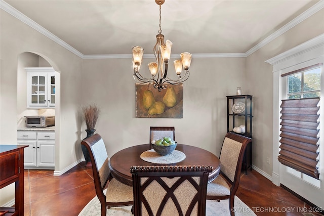 12330 S Ash Ave, Jenks, OK 74037 - dining area featuring crown molding, finished concrete flooring, a chandelier, arched walkways, and stairway