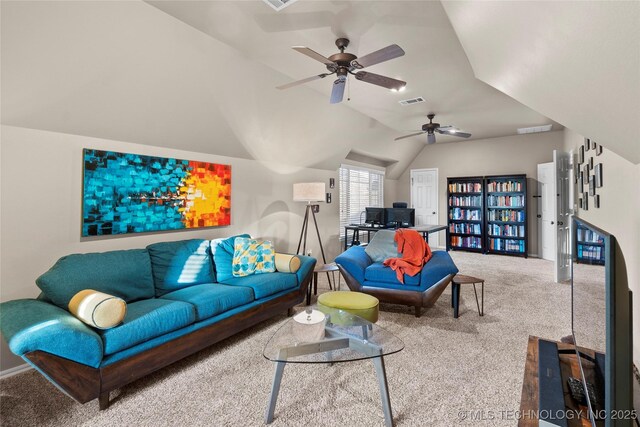 12330 S Ash Ave, Jenks, OK 74037 - carpeted living room featuring a ceiling fan and lofted ceiling
