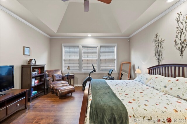 12330 S Ash Ave, Jenks, OK 74037 - bedroom with a tray ceiling, dark wood-style floors, recessed lighting, ornamental molding, and ceiling fan