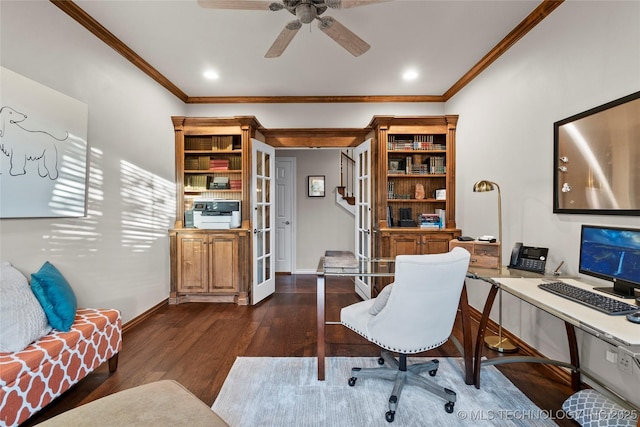 12330 S Ash Ave, Jenks, OK 74037 - office area with crown molding, dark wood-type flooring, french doors, ceiling fan, and baseboards