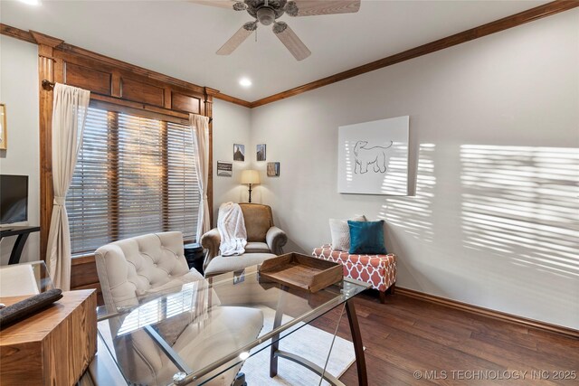 12330 S Ash Ave, Jenks, OK 74037 - office with ornamental molding, wood finished floors, recessed lighting, a ceiling fan, and baseboards