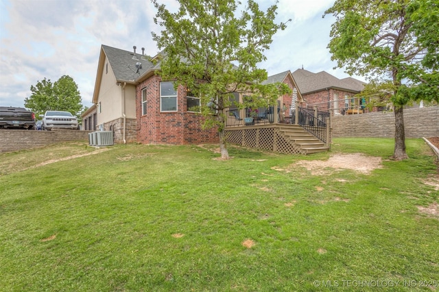 461 Cross Timbers Blvd, Sapulpa, OK 74066 - view of yard featuring a wooden deck, cooling unit, and stairway
