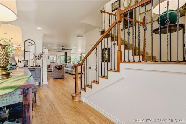 461 Cross Timbers Blvd, Sapulpa, OK 74066 - stairs with hardwood / wood-style floors, baseboards, ceiling fan, and recessed lighting