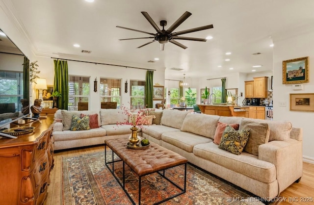 461 Cross Timbers Blvd, Sapulpa, OK 74066 - living area featuring recessed lighting, a ceiling fan, visible vents, and light wood-type flooring