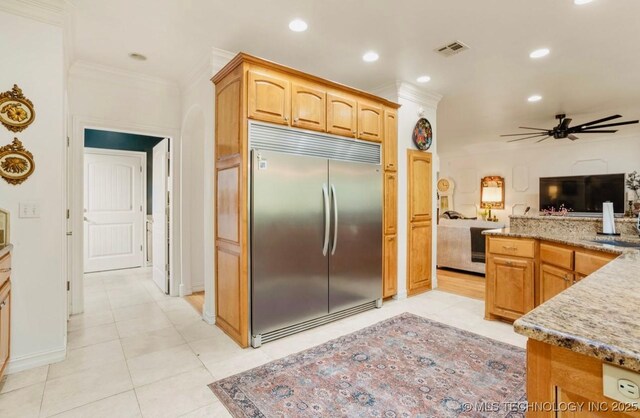 461 Cross Timbers Blvd, Sapulpa, OK 74066 - kitchen with recessed lighting, stainless steel built in refrigerator, ornamental molding, visible vents, and open floor plan
