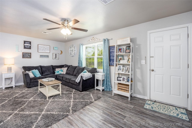 647 Sawmill Rd, Durant, OK 74701 - living room featuring wood finished floors, visible vents, a ceiling fan, and baseboards