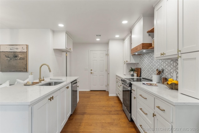 kitchen with open shelves, a sink, stainless steel appliances, light wood-type flooring, and tasteful backsplash